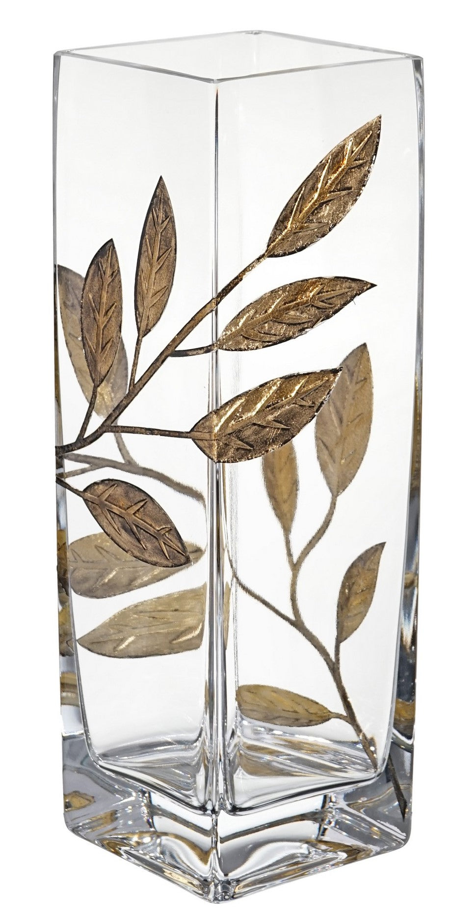 Luxury Hand Blown Glass Vase - Etched & Painted Golden Leaves - Square Vase Gold - 9.8 in (25 cm)