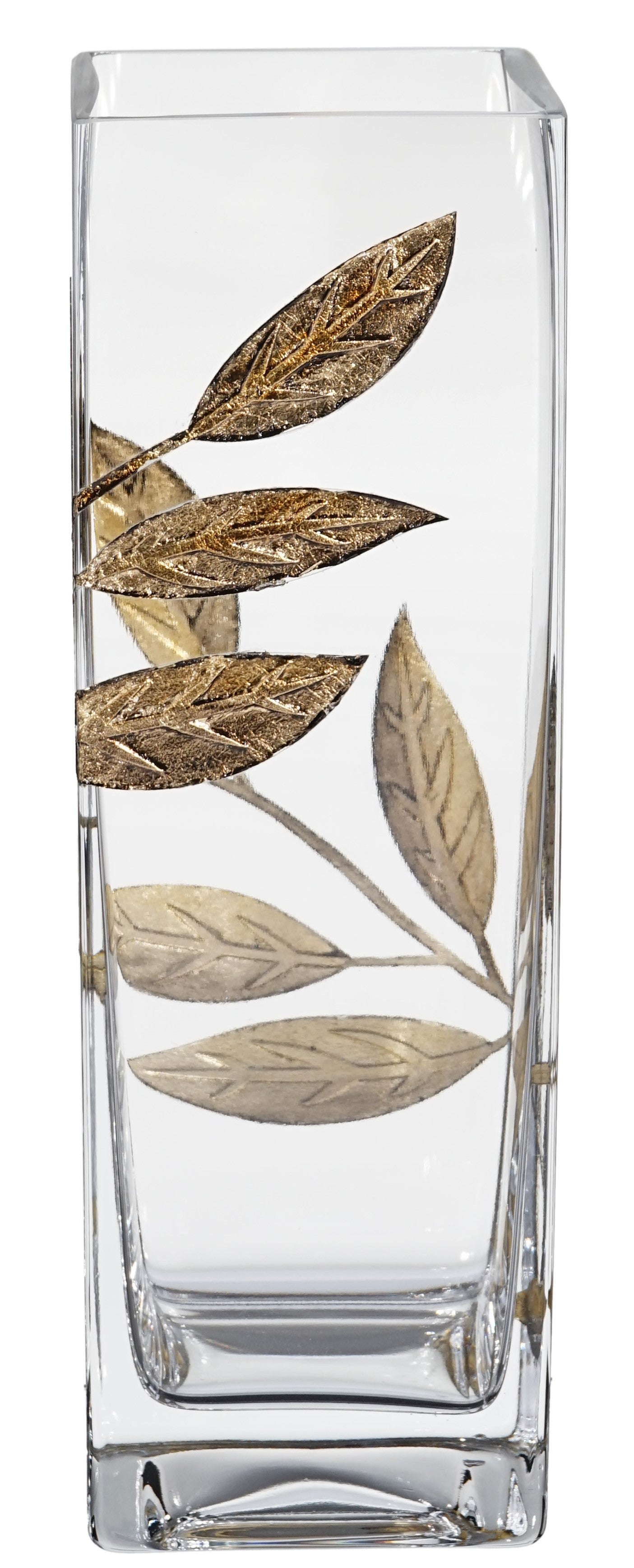Luxury Hand Blown Glass Vase - Etched & Painted Golden Leaves - Square Vase Gold - 9.8 in (25 cm)