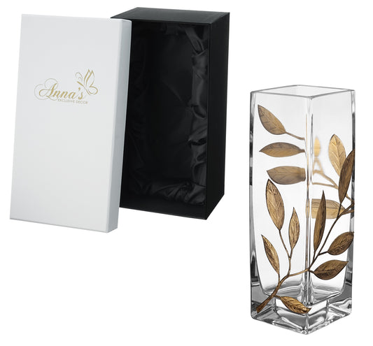 Luxury Hand Blown Glass Vase - Etched & Painted Golden Leaves - Square Vase Gold - 9.8 in (25 cm)