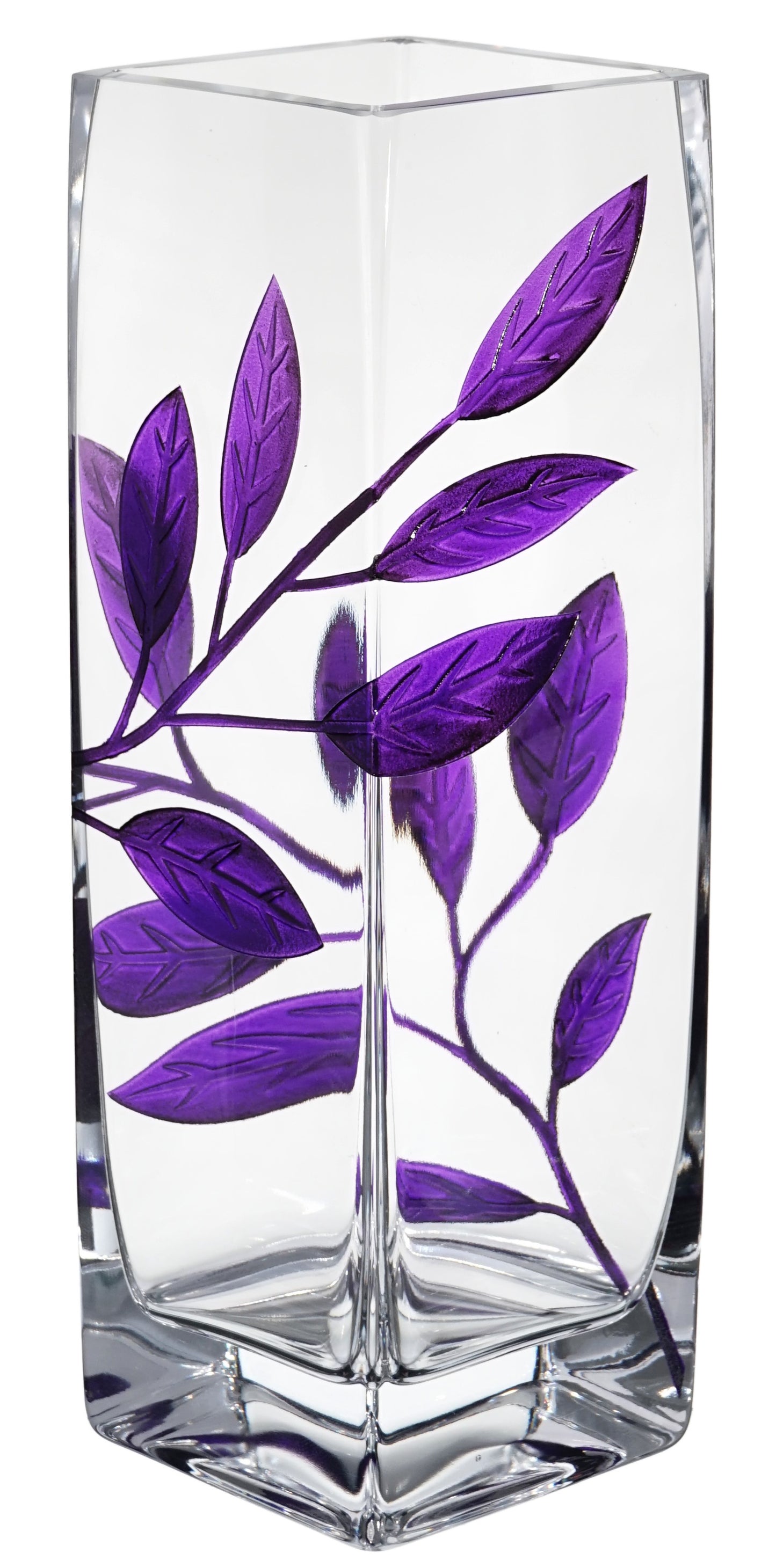Luxury Hand Blown Glass Vase - Etched & Painted Purple Leaves - Square Vase Purple - 9.8 in (25 cm)