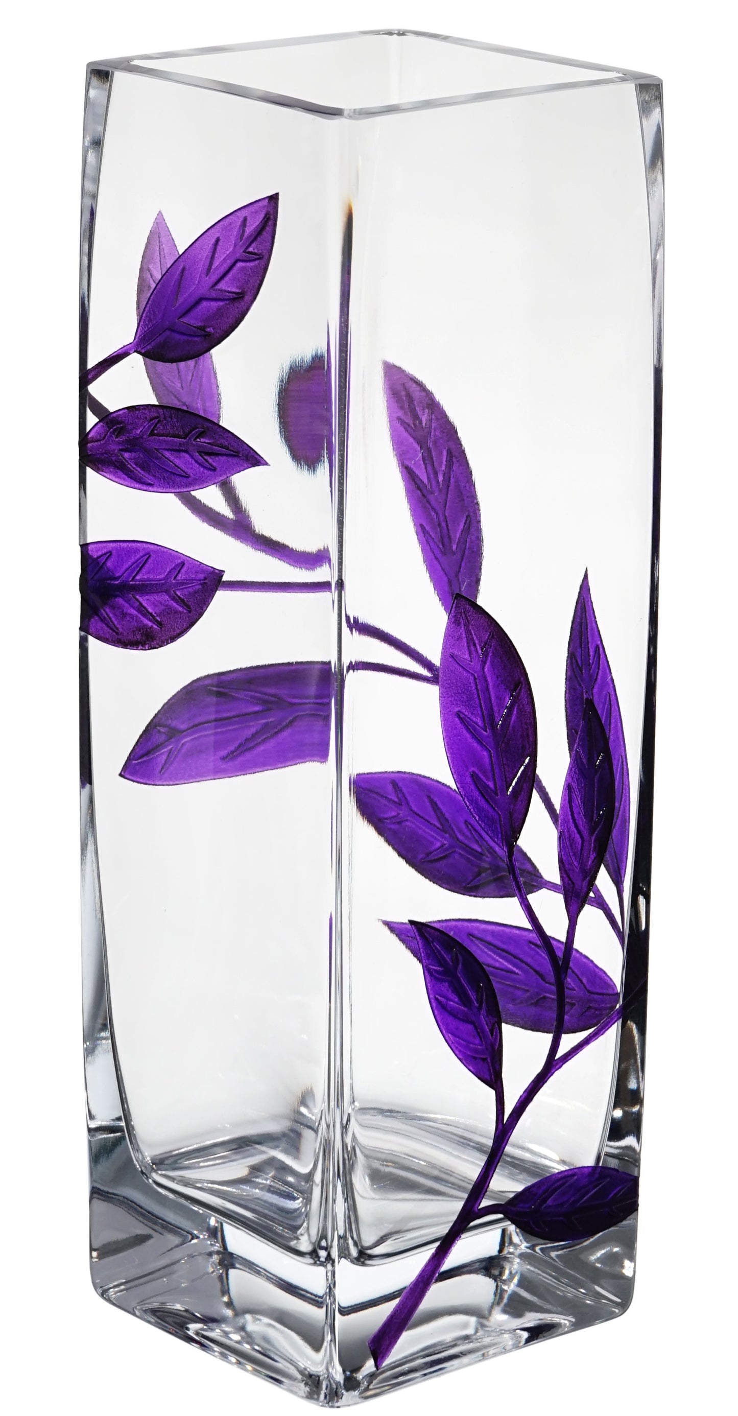 Luxury Hand Blown Glass Vase - Etched & Painted Purple Leaves - Square Vase Purple - 9.8 in (25 cm)