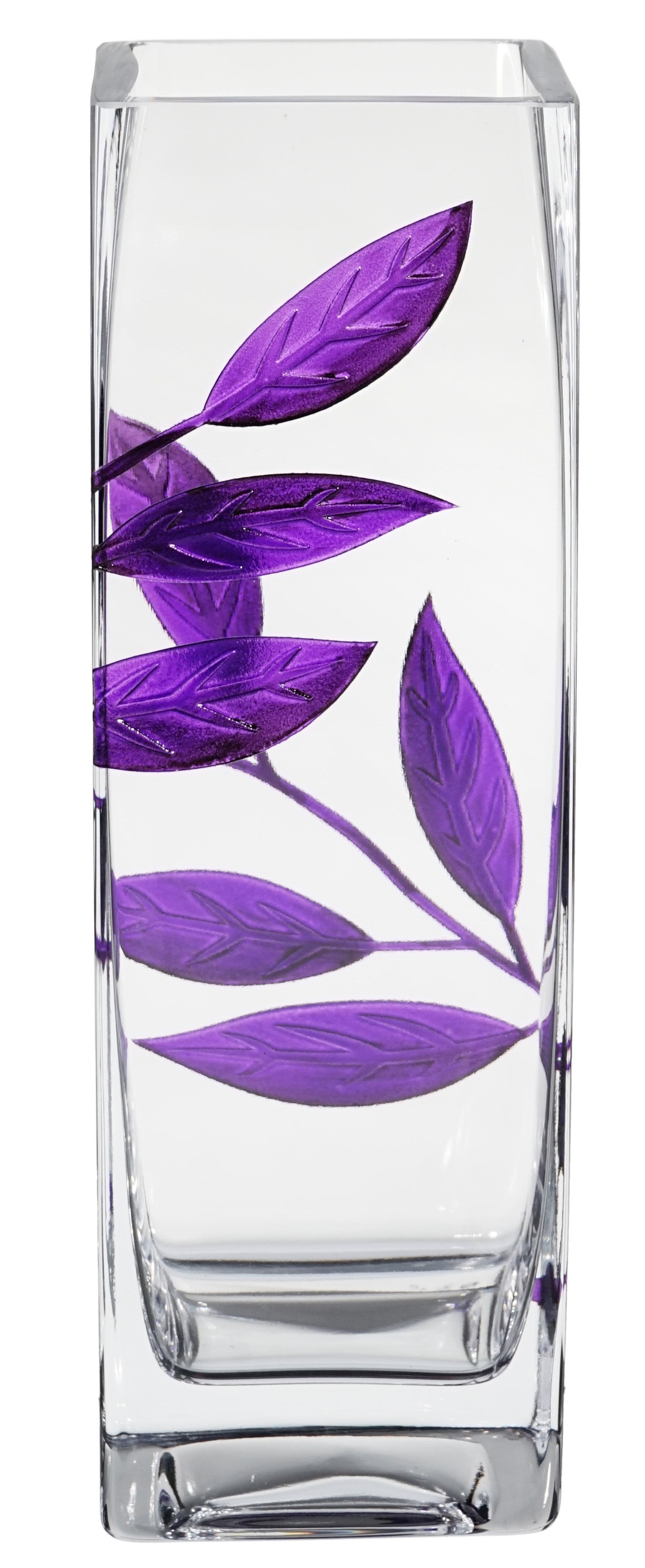 Luxury Hand Blown Glass Vase - Etched & Painted Purple Leaves - Square Vase Purple - 9.8 in (25 cm)