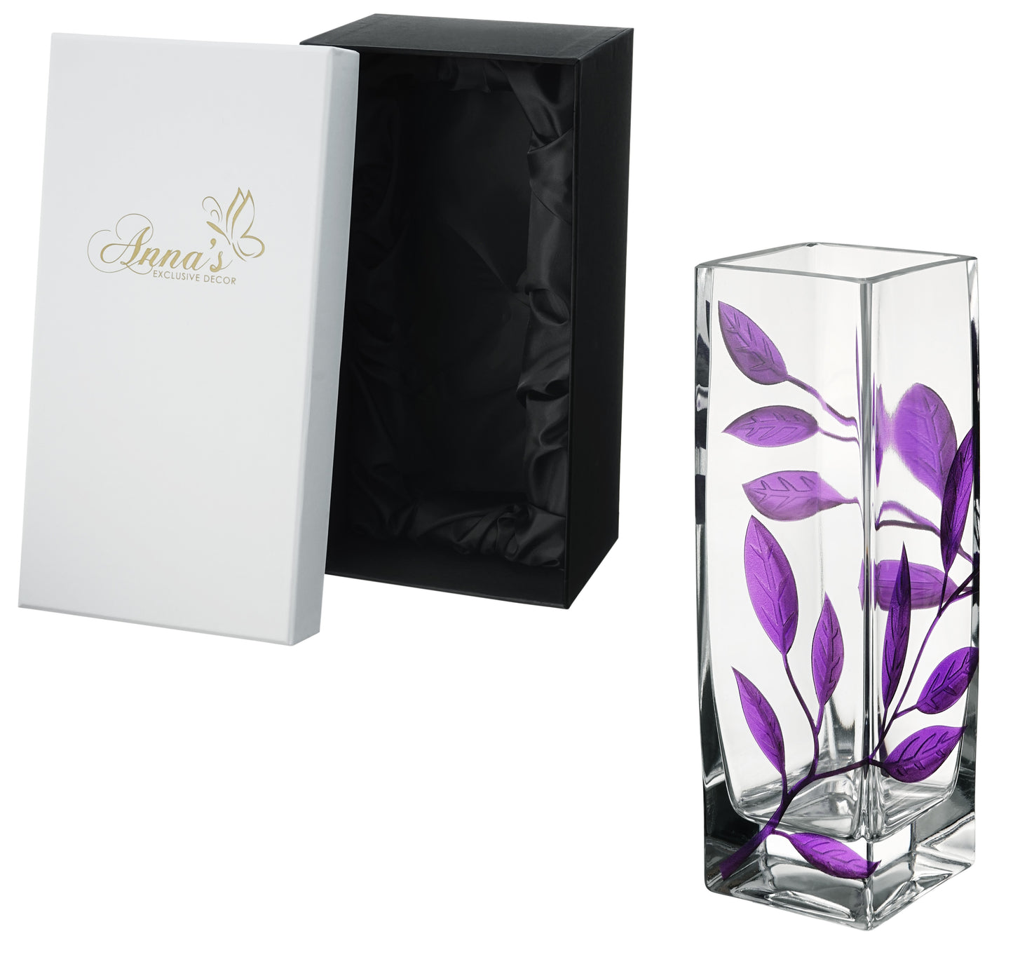 Luxury Hand Blown Glass Vase - Etched & Painted Purple Leaves - Square Vase Purple - 9.8 in (25 cm)
