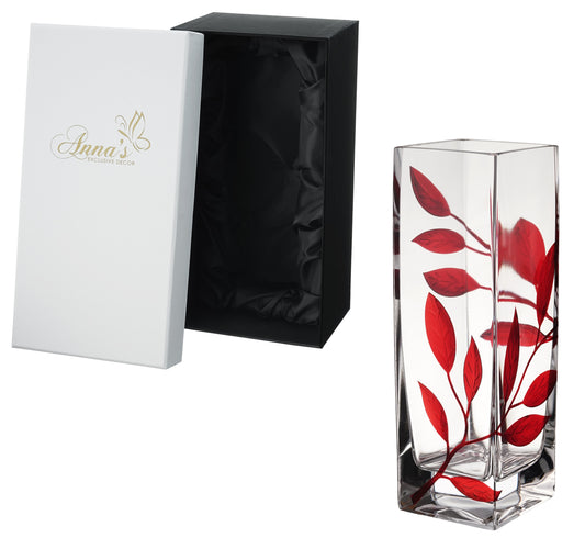Luxury Hand Blown Glass Vase - Etched & Painted Ruby Leaves - Square Vase Red - 9.8 in (25 cm)