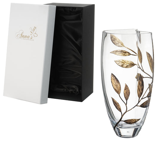 Luxury Hand Blown Glass Vase - Etched & Painted Gold Leaves - Unique Shape Vase Gold - 11.4 in (29 cm)