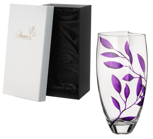 Luxury Hand Blown Glass Vase - Etched & Painted Purple Leaves - Unique Shape Vase Purple - 11.4 in (29 cm)