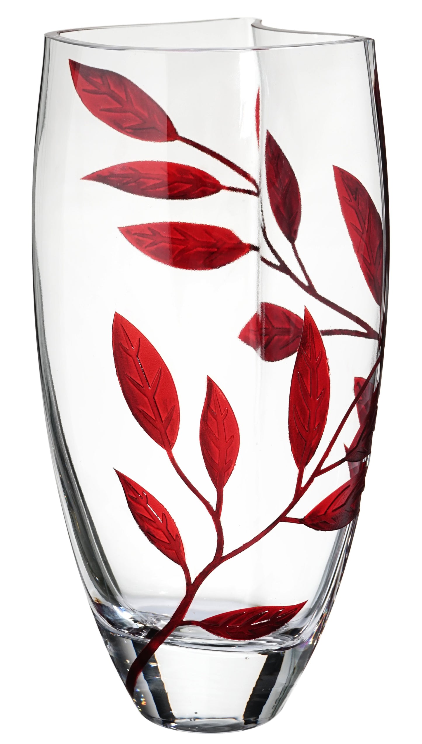 Luxury Hand Blown Glass Vase - Etched & Painted Ruby Leaves - Unique Shape Vase Red - 11.4 in (29 cm)