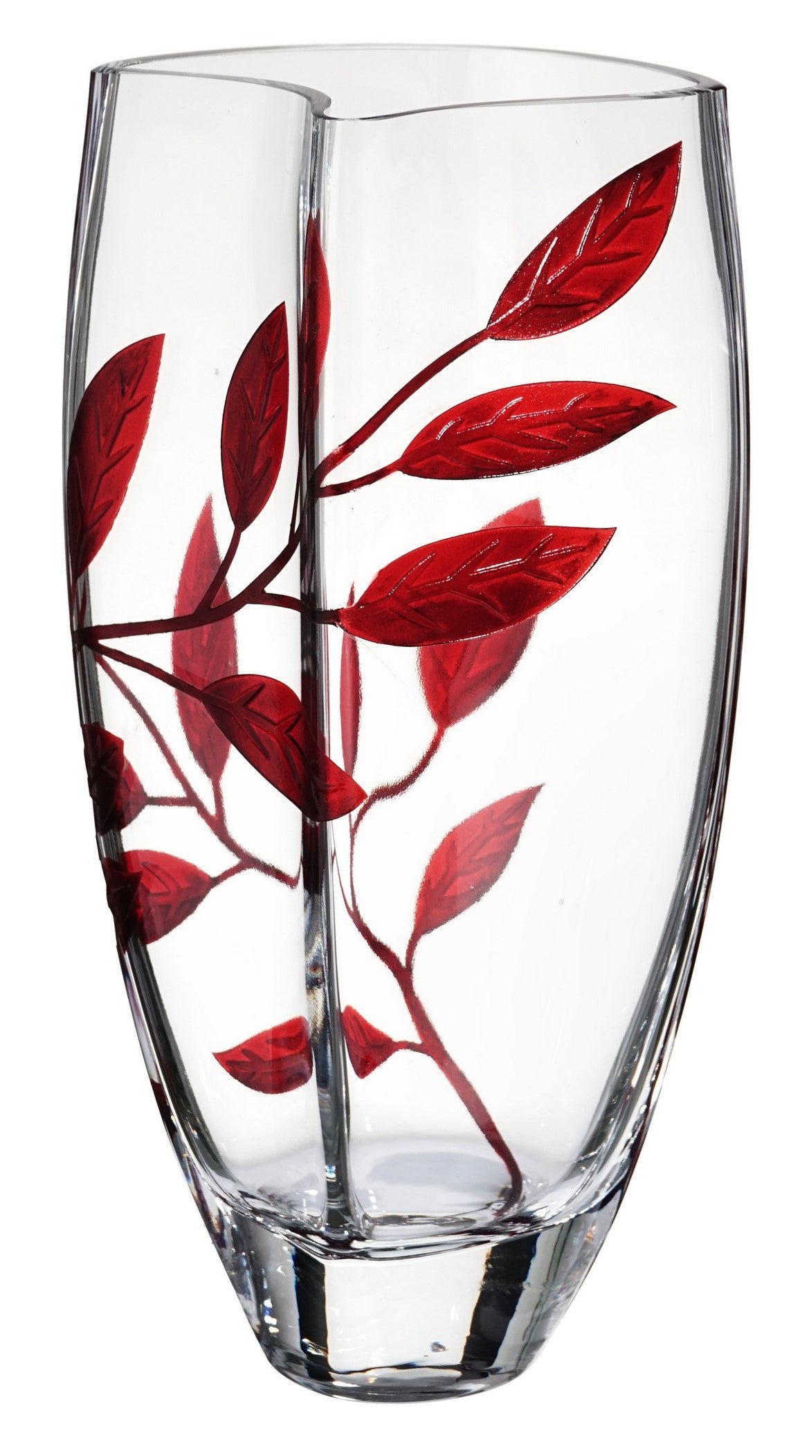 Luxury Hand Blown Glass Vase - Etched & Painted Ruby Leaves - Unique Shape Vase Red - 11.4 in (29 cm)