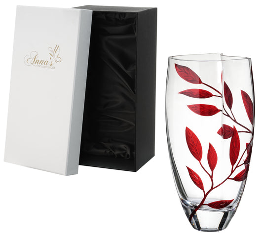Luxury Hand Blown Glass Vase - Etched & Painted Ruby Leaves - Unique Shape Vase Red - 11.4 in (29 cm)