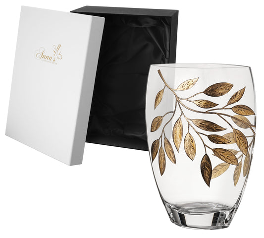 Large Hand Blown Glass Vase 30 cm - Etched & Painted Gold Leaves Decor - Almond Shape Vase Gold - 11.8 in