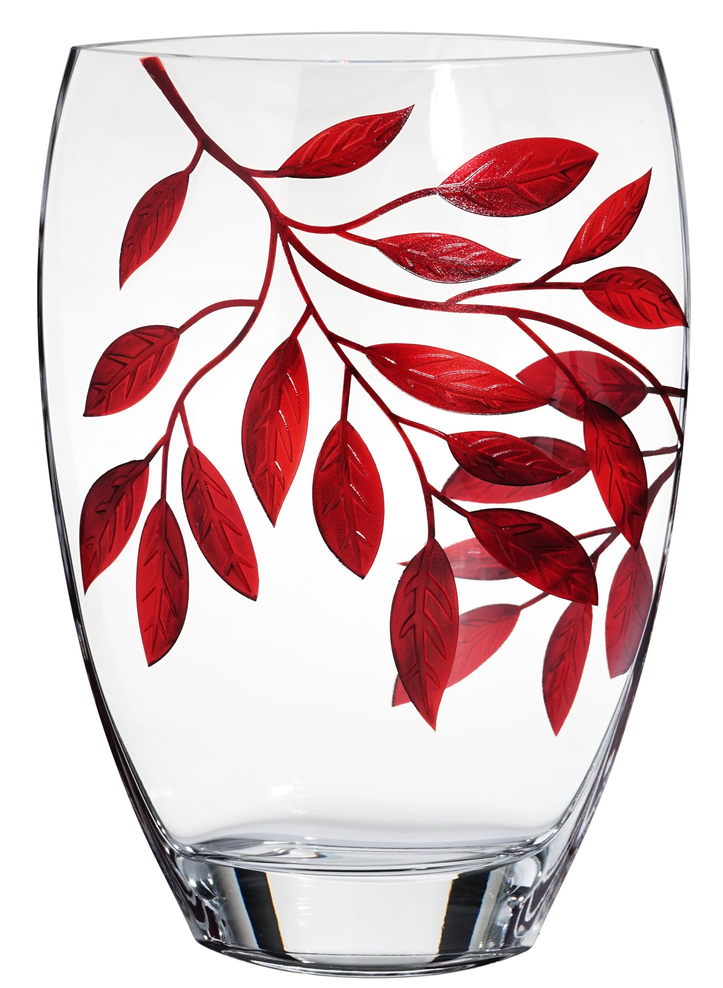 Large Hand Blown Glass Vase 30 cm - Etched & Painted Ruby Leaves Decor - Almond Schape Vase Red  -11.8 in