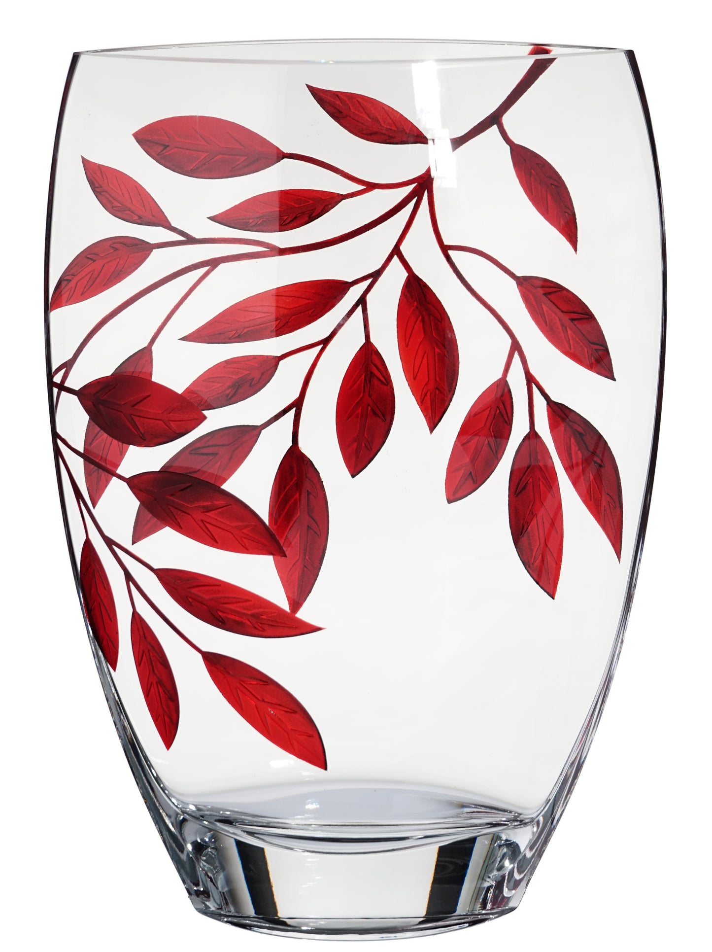 Large Hand Blown Glass Vase 30 cm - Etched & Painted Ruby Leaves Decor - Almond Schape Vase Red  -11.8 in