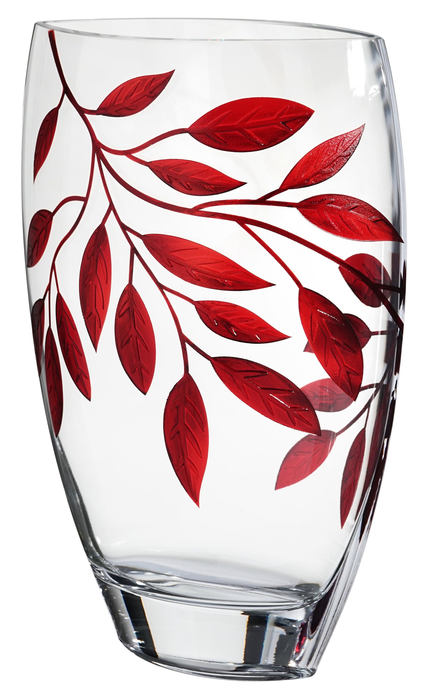 Large Hand Blown Glass Vase 30 cm - Etched & Painted Ruby Leaves Decor - Almond Schape Vase Red  -11.8 in