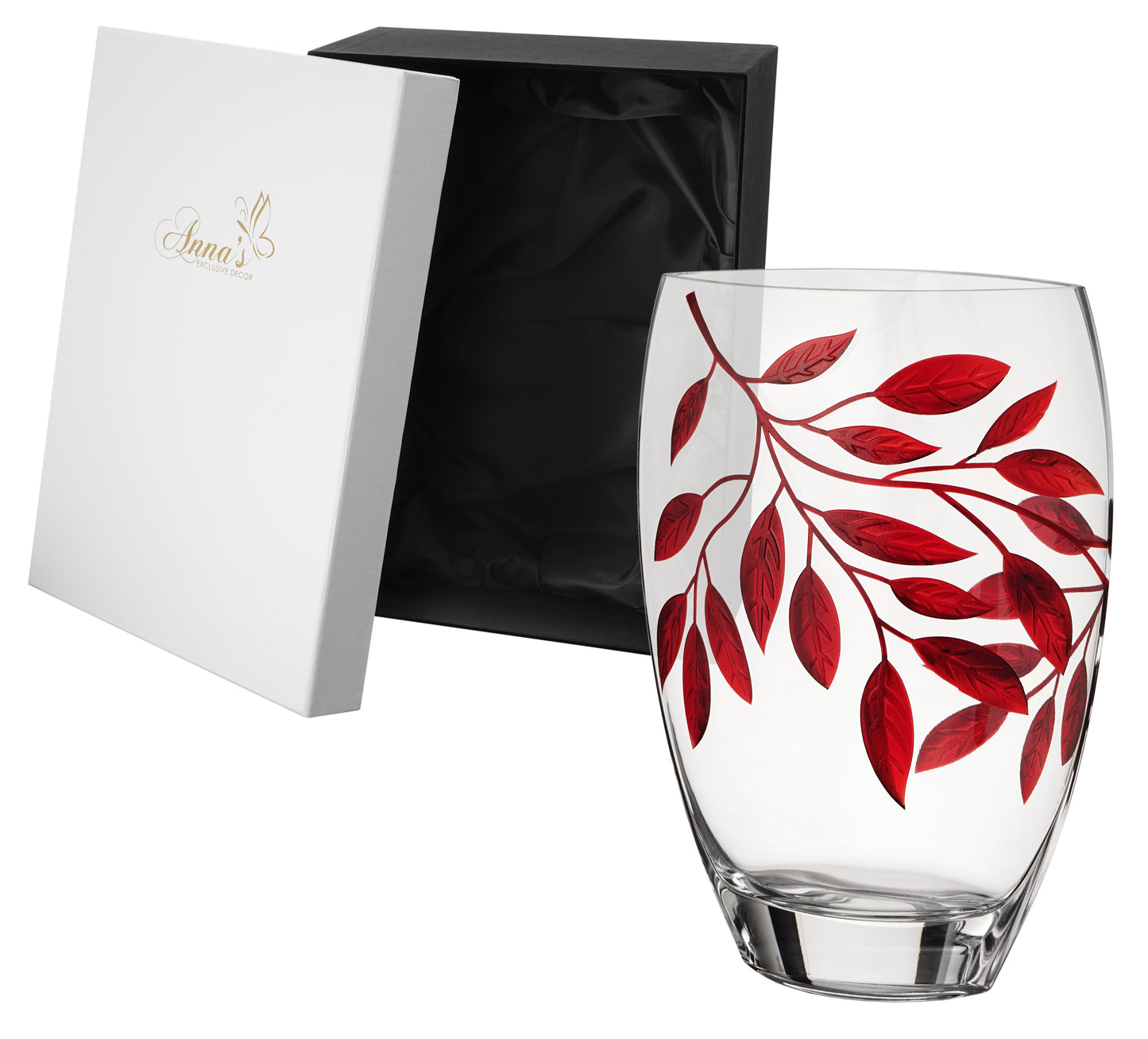Large Hand Blown Glass Vase 30 cm - Etched & Painted Ruby Leaves Decor - Almond Schape Vase Red  -11.8 in