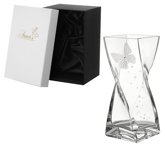 Butterfly Vase - Luxury Hand Blown Glass Vase - Crystal from Swarovski & Etched Butterfly, Clear Glass - 7.9 in (20 cm)