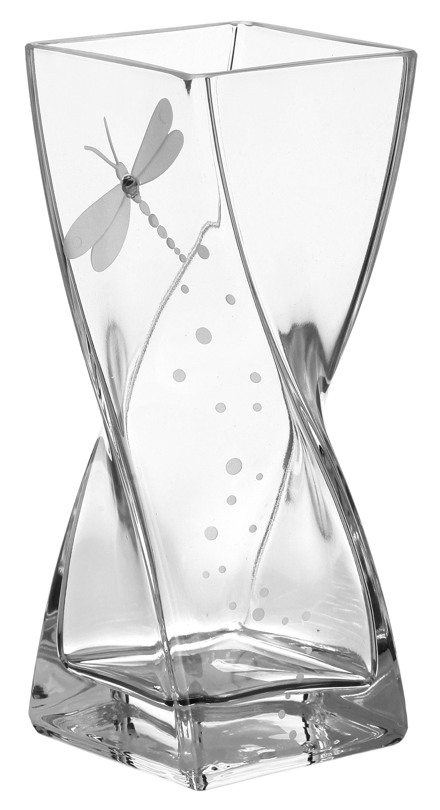 Dragonfly Vase - Luxury Hand Blown Glass Vase - Crystal from Swarovski & Etched Dragonfly - Suqare Clear Vase - 7.9 in (20 cm)
