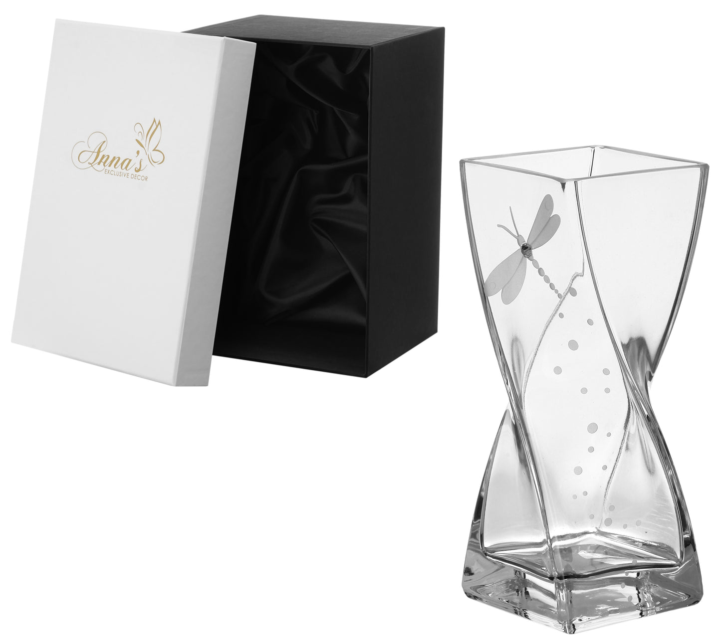 Dragonfly Vase - Luxury Hand Blown Glass Vase - Crystal from Swarovski & Etched Dragonfly - Suqare Clear Vase - 7.9 in (20 cm)