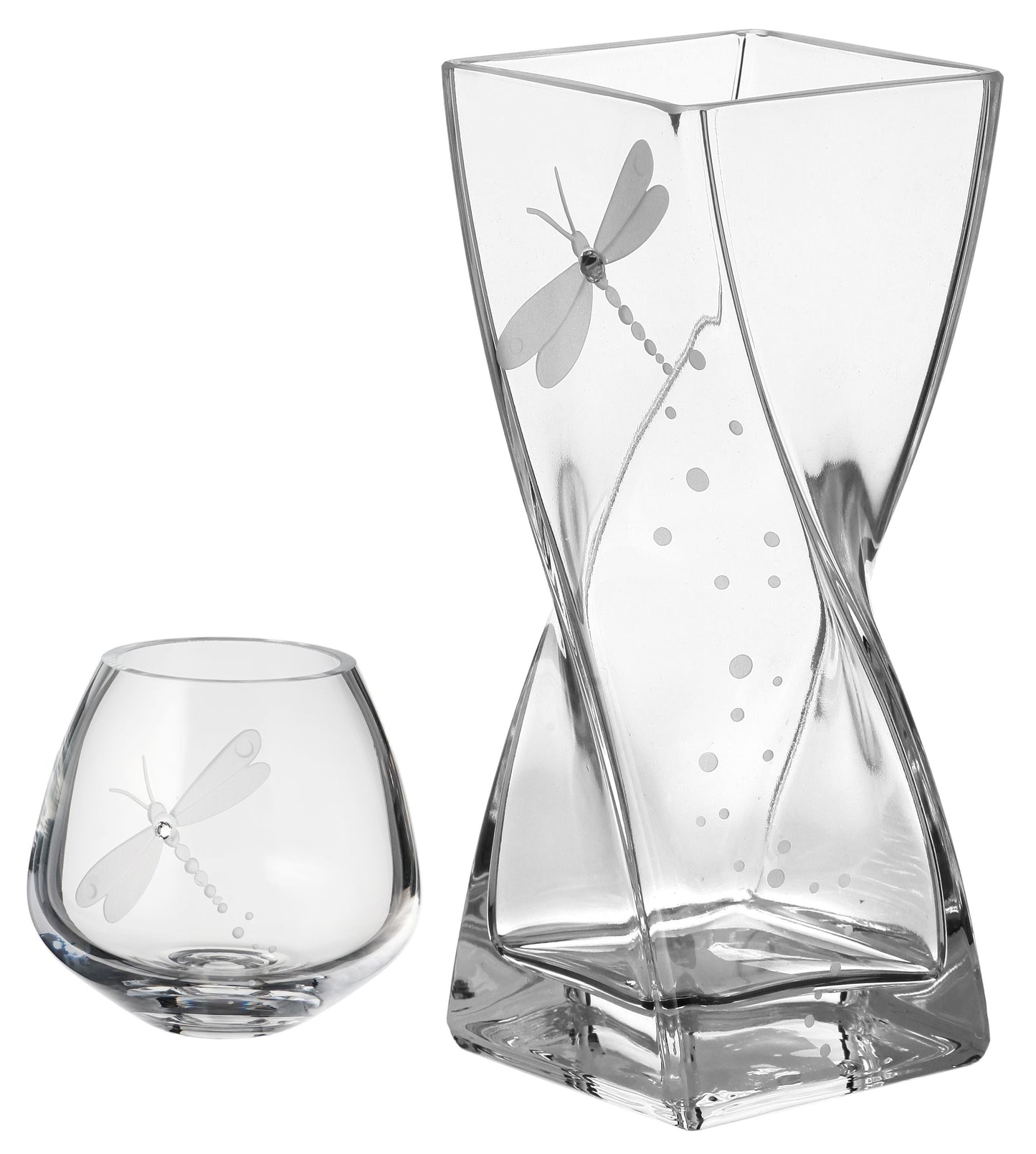 Dragonfly Vase - Luxury Hand Blown Glass Vase - Crystal from Swarovski & Etched Dragonfly - Suqare Clear Vase - 7.9 in (20 cm)