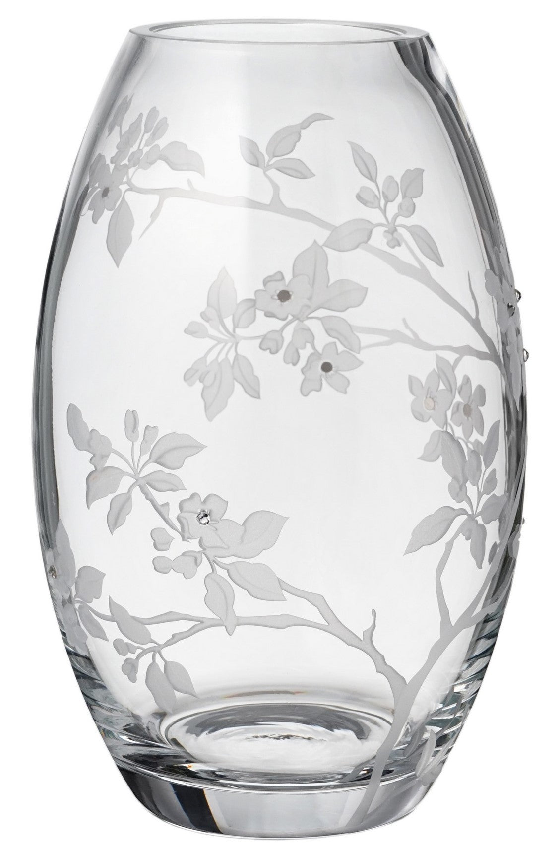 Luxury Mouth-Blown Glass Vase – Swarovski Crystals and Etched Floral Design – Premium Centerpiece – Satin Lined Gift Box – 9.1 in (23 cm)