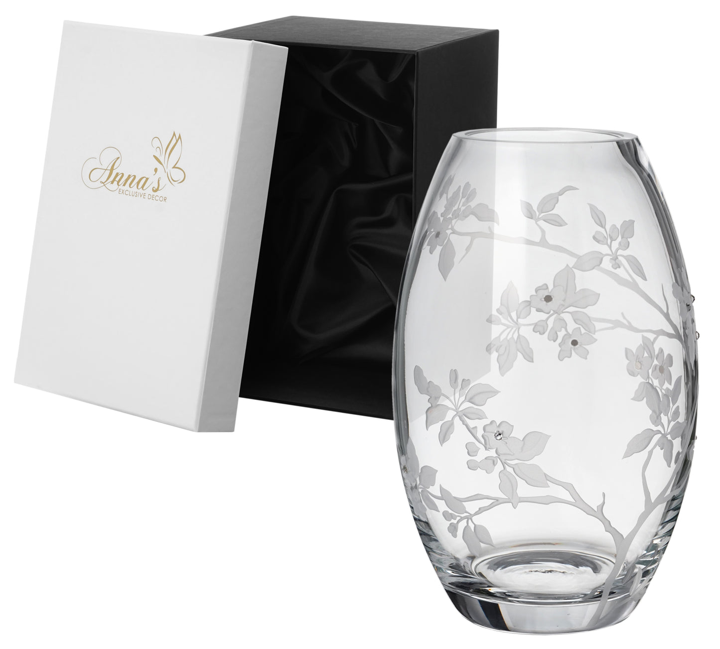 Luxury Mouth-Blown Glass Vase – Swarovski Crystals and Etched Floral Design – Premium Centerpiece – Satin Lined Gift Box – 9.1 in (23 cm)