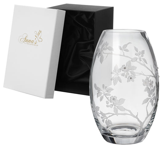 Luxury Mouth-Blown Glass Vase – Swarovski Crystals and Etched Floral Design – Premium Centerpiece – Satin Lined Gift Box – 9.1 in (23 cm)