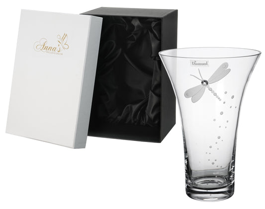 Dragonfly Vase - Hand Blown Glass Vase - Crystal from Swarovski & Etched Dragonfly, Clear Glass - 9.4 in (24 cm)