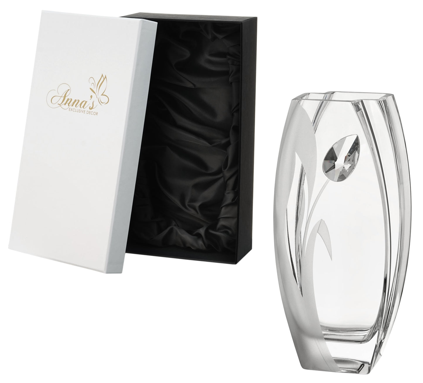 Luxury Hand Blown Glass Vase - Large Crystal from Swarovski & Etched Tulip Flower, Clear Glass - Satin Gift Box - 10.2 in (26 cm)