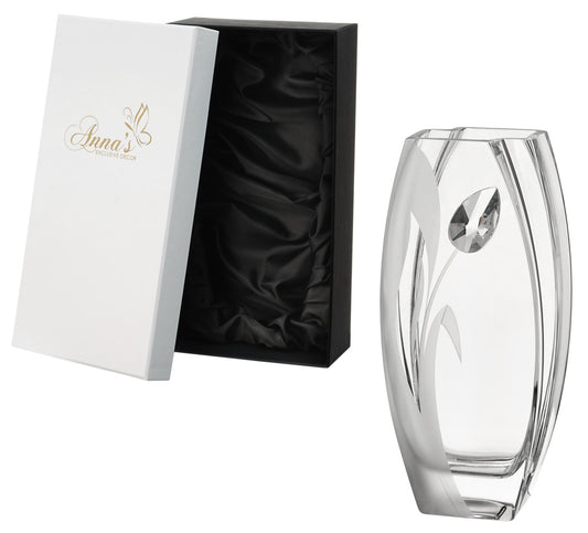 Luxury Hand Blown Glass Vase - Large Crystal from Swarovski & Etched Tulip Flower, Clear Glass - Satin Gift Box - 10.2 in (26 cm)