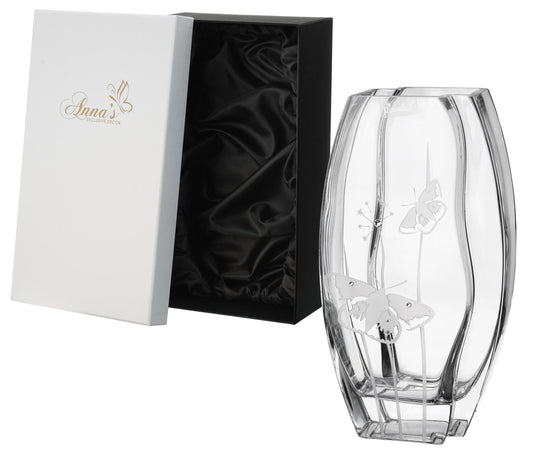 Butterfly Vase - Luxury Hand Blown Glass Vase - Crystals from Swarovski & Etched Butterflies, Clear Glass - 11.8 in (30 cm)