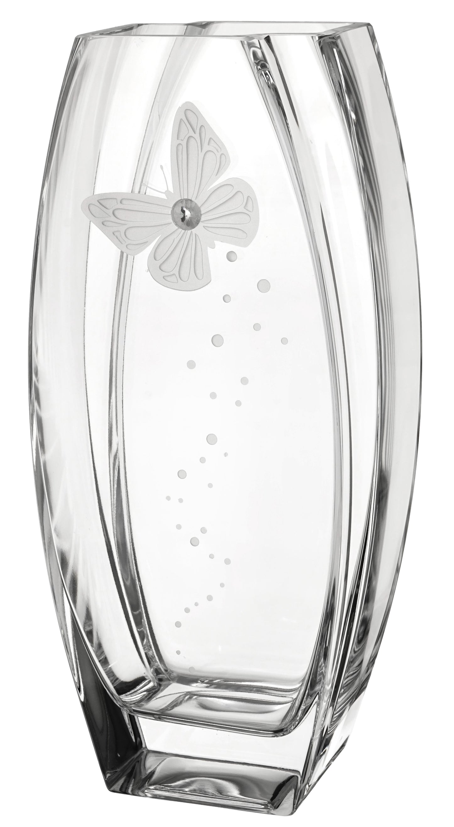 Butterfly Vase - Luxury Hand Blown Glass Vase - Crystal from Swarovski & Etched Butterfly, Clear Glass - Satin Gift Box - 12.6 in (32 cm)