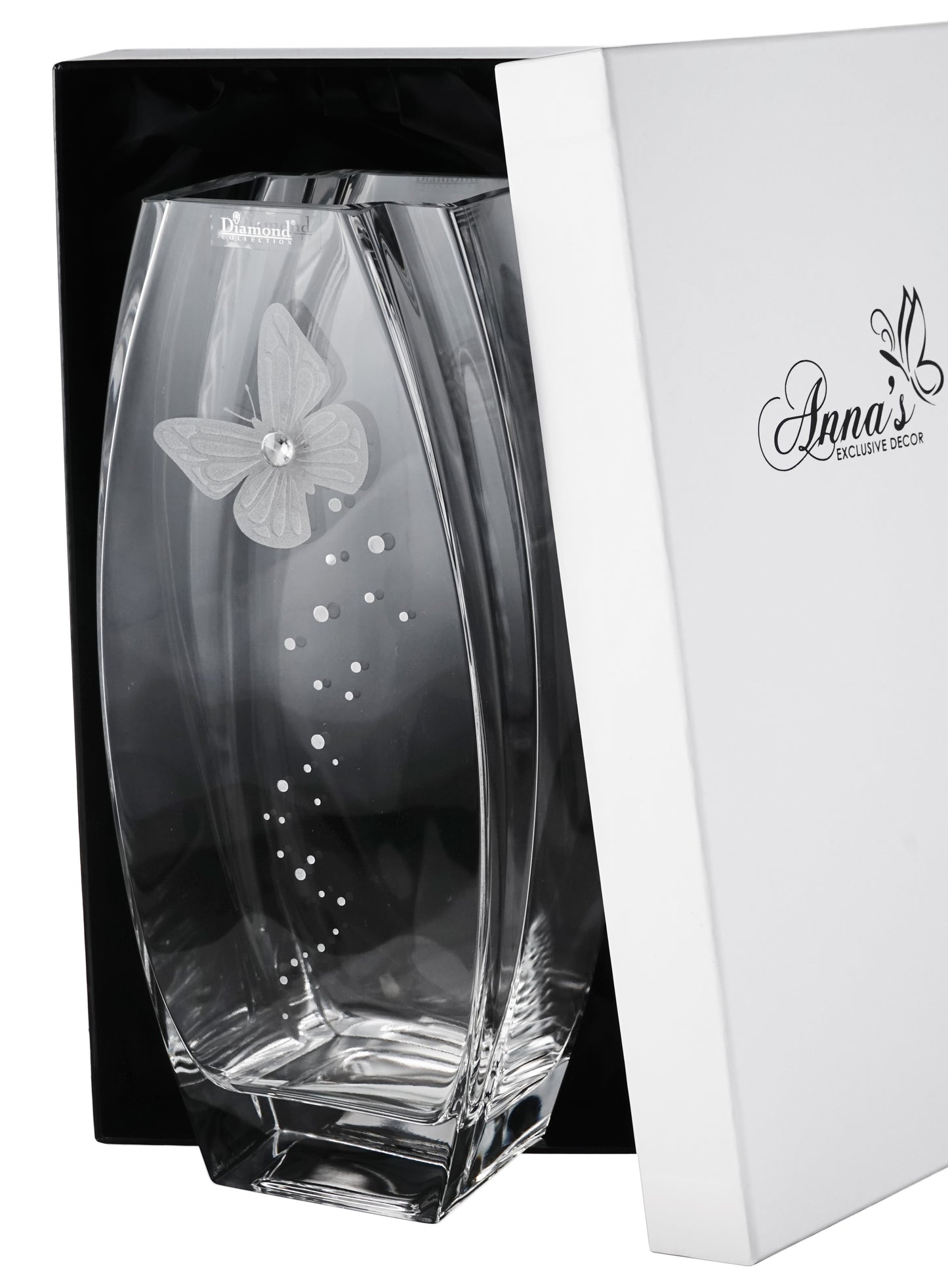 Butterfly Vase - Luxury Hand Blown Glass Vase - Crystal from Swarovski & Etched Butterfly, Clear Glass - Satin Gift Box - 12.6 in (32 cm)