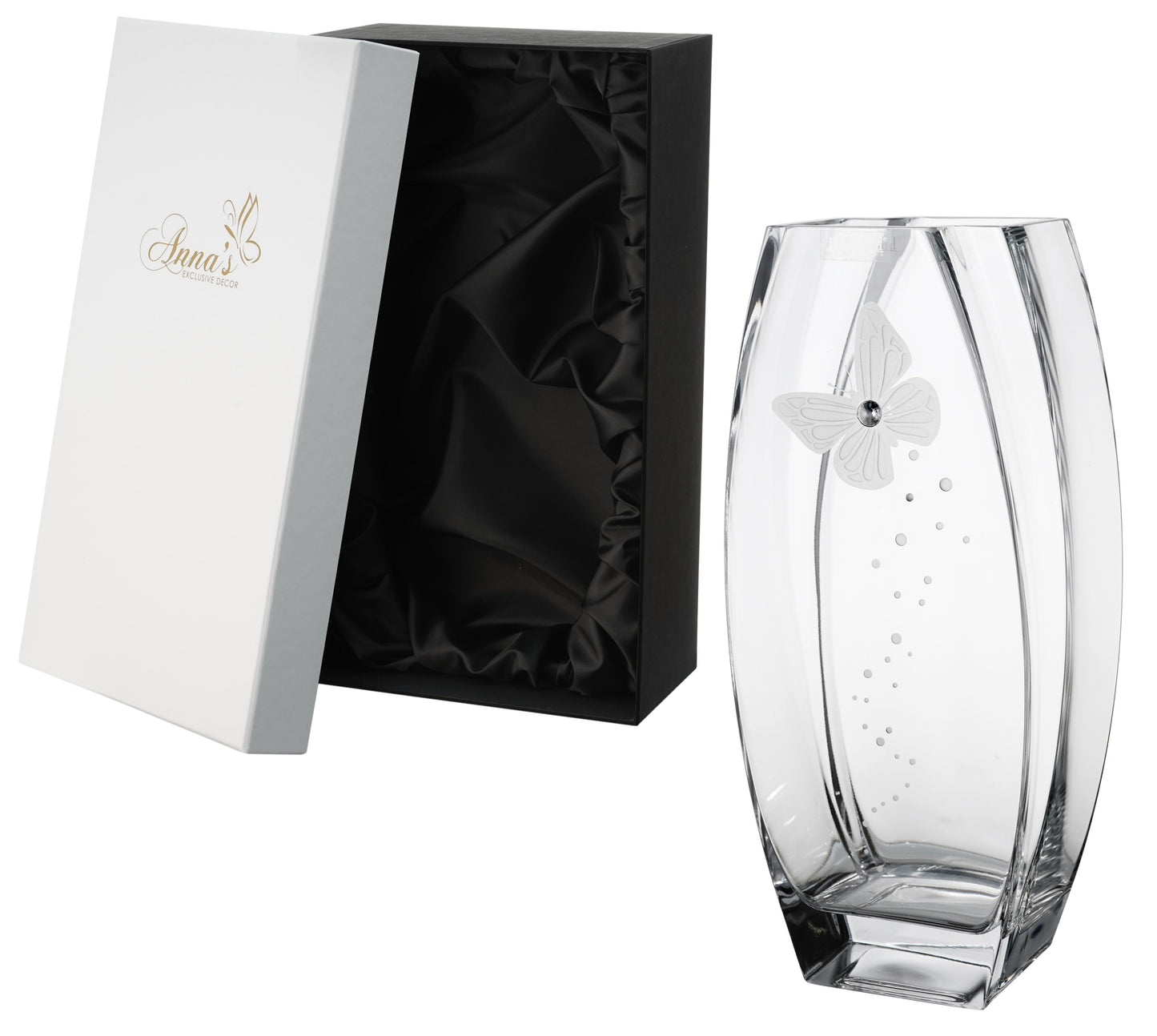 Butterfly Vase - Luxury Hand Blown Glass Vase - Crystal from Swarovski & Etched Butterfly, Clear Glass - Satin Gift Box - 12.6 in (32 cm)