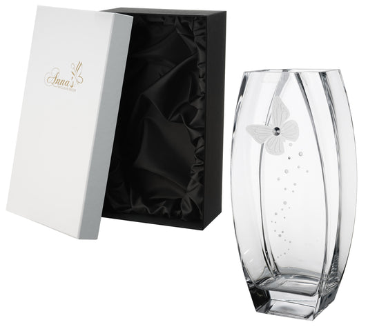 Butterfly Vase - Luxury Hand Blown Glass Vase - Crystal from Swarovski & Etched Butterfly, Clear Glass - Satin Gift Box - 12.6 in (32 cm)