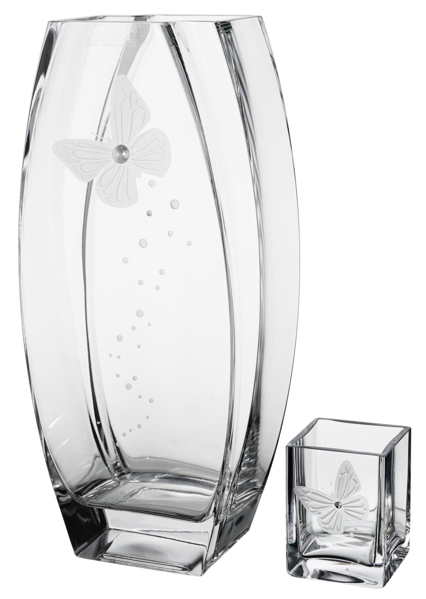 Butterfly Vase - Luxury Hand Blown Glass Vase - Crystal from Swarovski & Etched Butterfly, Clear Glass - Satin Gift Box - 12.6 in (32 cm)