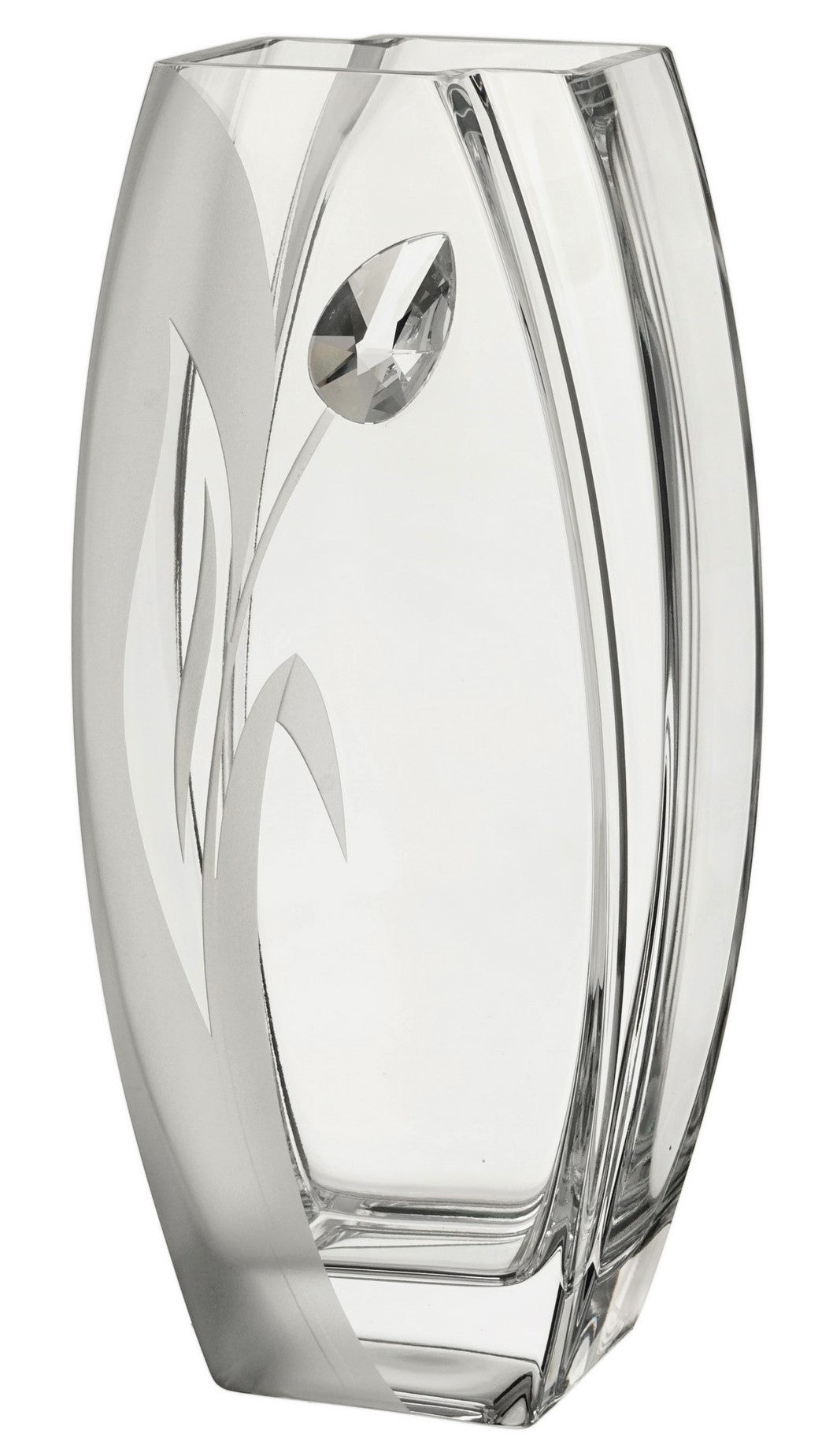Luxury Large Hand Blown Glass Vase - Large Crystal from Swarovski & Etched Tulip Flower - Unique Shape Vase, Clear - 12.6 in (32 cm)