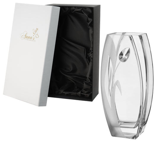 Luxury Large Hand Blown Glass Vase - Large Crystal from Swarovski & Etched Tulip Flower - Unique Shape Vase, Clear - 12.6 in (32 cm)