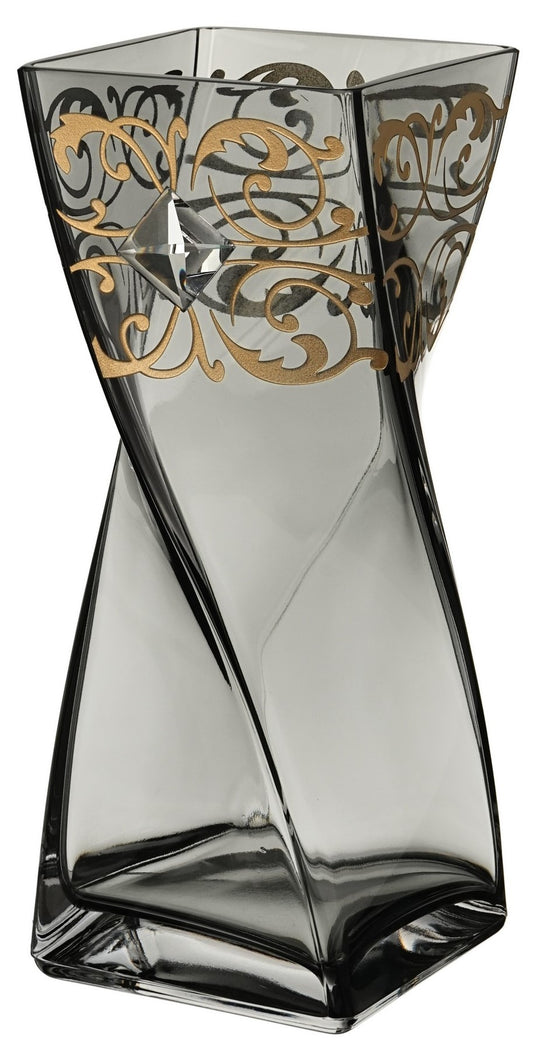 Large Luxury Grey Vase 30 cm - Large Premium Crystal and Etched Golden Pattern - Hand Blown Vase, Smokey Coloured Glass - 11.8 in (30 cm)