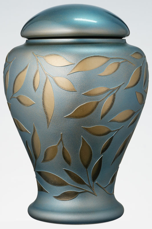 Large Blue Memorial Urn for Human Ashes - Handmade Glass Cremation Urn - Etched Painted Golden Leaves - Light Blue & Gold - Vol. 183 cubic inch (3 L)