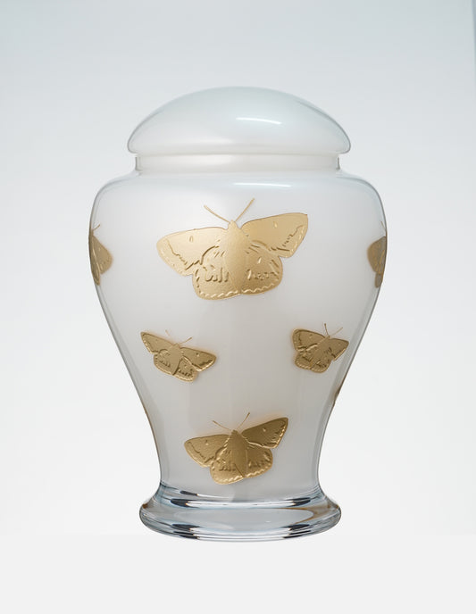 Large White Memorial Urn for Human Ashes - Handmade Glass Cremation Urn - Etched Painted Golden Butterflies  - Blue & Gold - Vol. 183 cubic inch (3L)