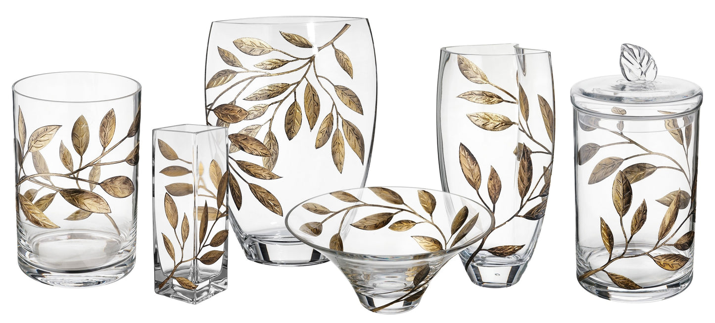 Mouth-Blown Hurricane Candleholder – Golden Etched Leaves – Elegant Wedding/Home Decor – Thick Glass – Decorative 8.7 in (22 cm)