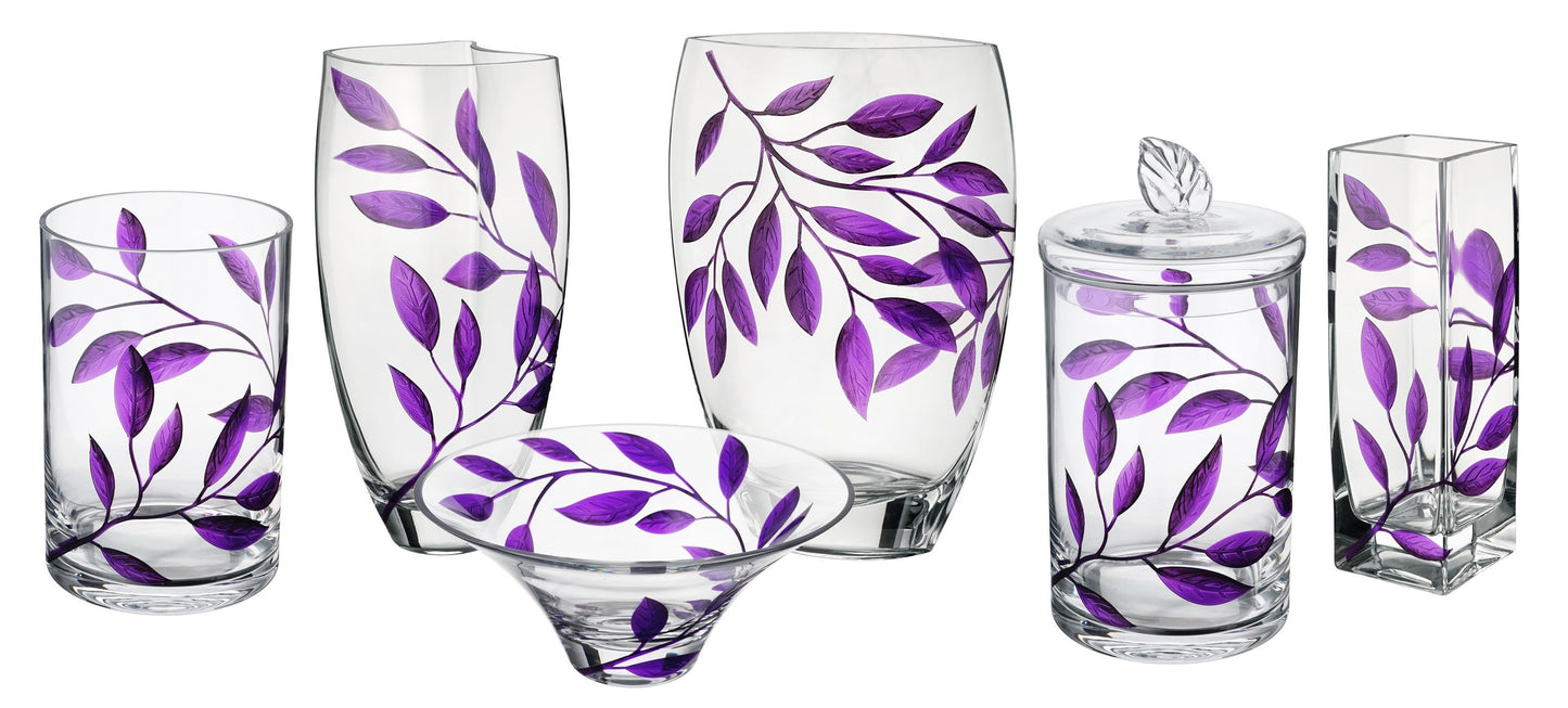 Mouth-Blown Hurricane Candleholder – Purple Etched Leaves – Elegant Wedding/Home Decor – Thick Glass – Decorative 8.7 in (22 cm)
