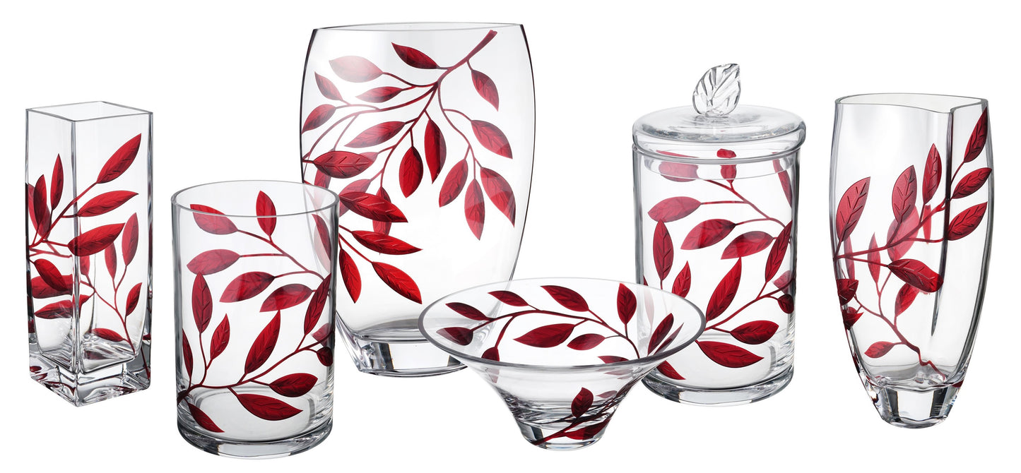 Large Hand Blown Glass Vase 30 cm - Etched & Painted Ruby Leaves Decor - Almond Schape Vase Red  -11.8 in
