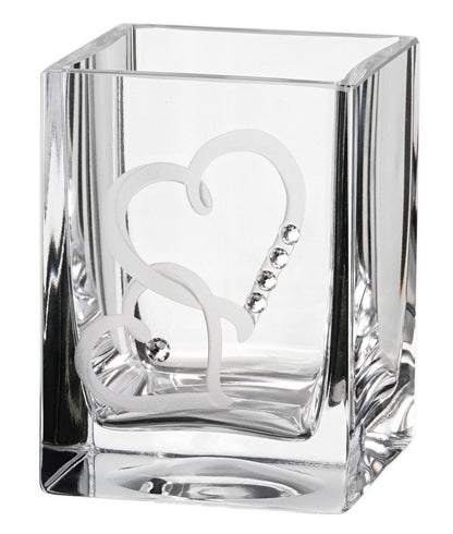 Hearts Tea Light Candle Holder - Crystals from Swarovski & Etched Hearts - Mouth Blown Glass Candle Holder - Luxury Gift Box - 3.1 in (8 cm)