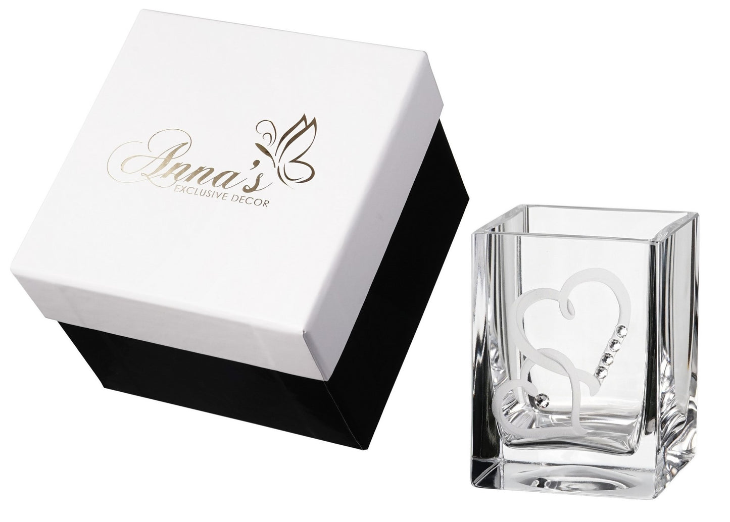 Hearts Tea Light Candle Holder - Crystals from Swarovski & Etched Hearts - Mouth Blown Glass Candle Holder - Luxury Gift Box - 3.1 in (8 cm)
