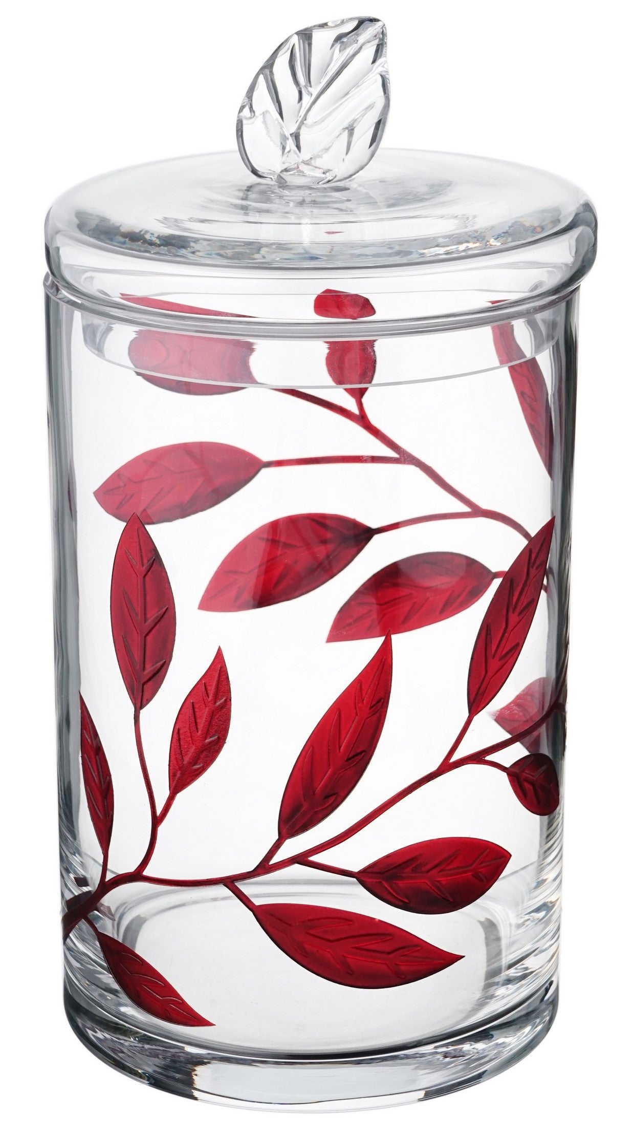 Handmade Mouth-Blown Glass Storage Jar with Lid, Luxury Red Etched Leaves, Kitchen/Bathroom Decor, 11.4 in (29 cm)