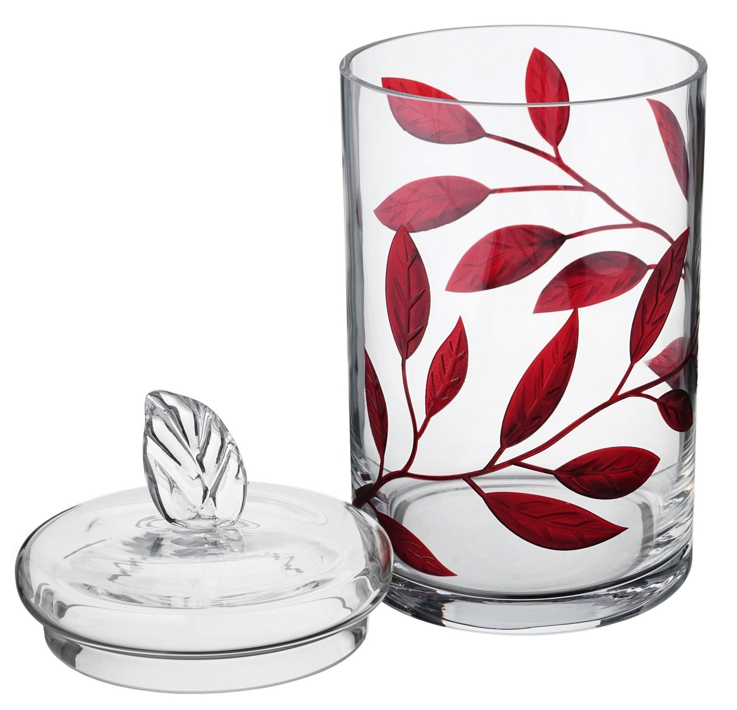 Handmade Mouth-Blown Glass Storage Jar with Lid, Luxury Red Etched Leaves, Kitchen/Bathroom Decor, 11.4 in (29 cm)