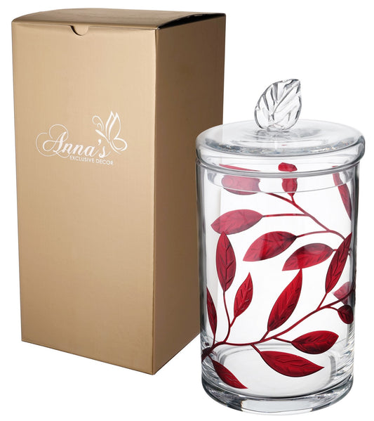 Handmade Mouth-Blown Glass Storage Jar with Lid, Luxury Red Etched Leaves, Kitchen/Bathroom Decor, 11.4 in (29 cm)