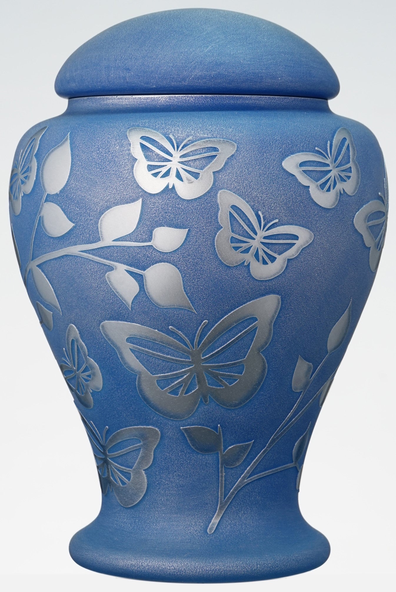 Large Blue Memorial Urn for Human Ashes - Handmade Glass Cremation Urn - Etched Painted Silver Butterflies & Leaves - Blue & Silver - Vol.183 cubic inch (3L)