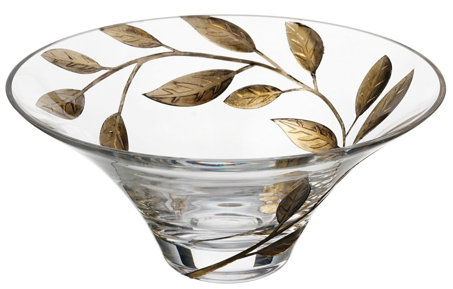 Decorative Glass Bowl Fruit Display - Etched & Hand Painted Gold Leaves - Mouth Blown Glass - Gold - D: 10.2 in (26 cm)