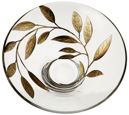 Decorative Glass Bowl Fruit Display - Etched & Hand Painted Gold Leaves - Mouth Blown Glass - Gold - D: 10.2 in (26 cm)